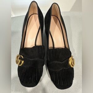 Gucci Women's Black Suede Loafers with Fringe and Gold Accent